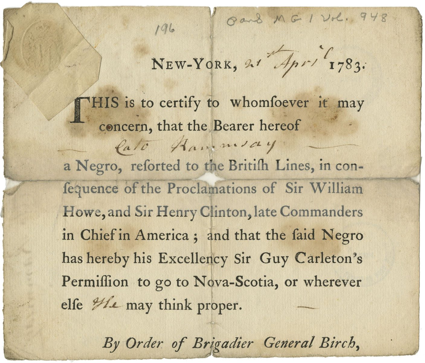 Certificate for Cato Ramsay, By Order of Brigadier General Birch, Page 1