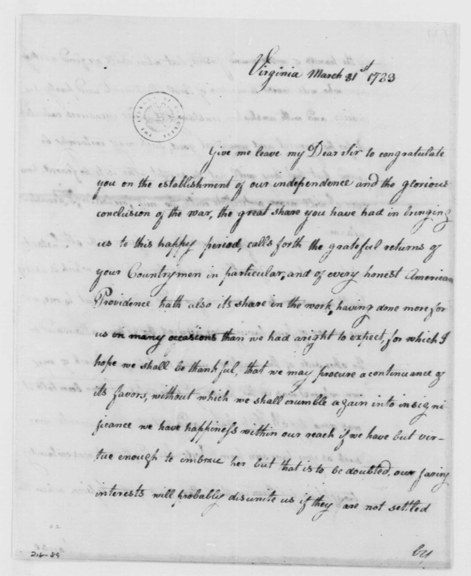 Governor Harrison to Washington, with a list of fourteen people, Letter, page 1
