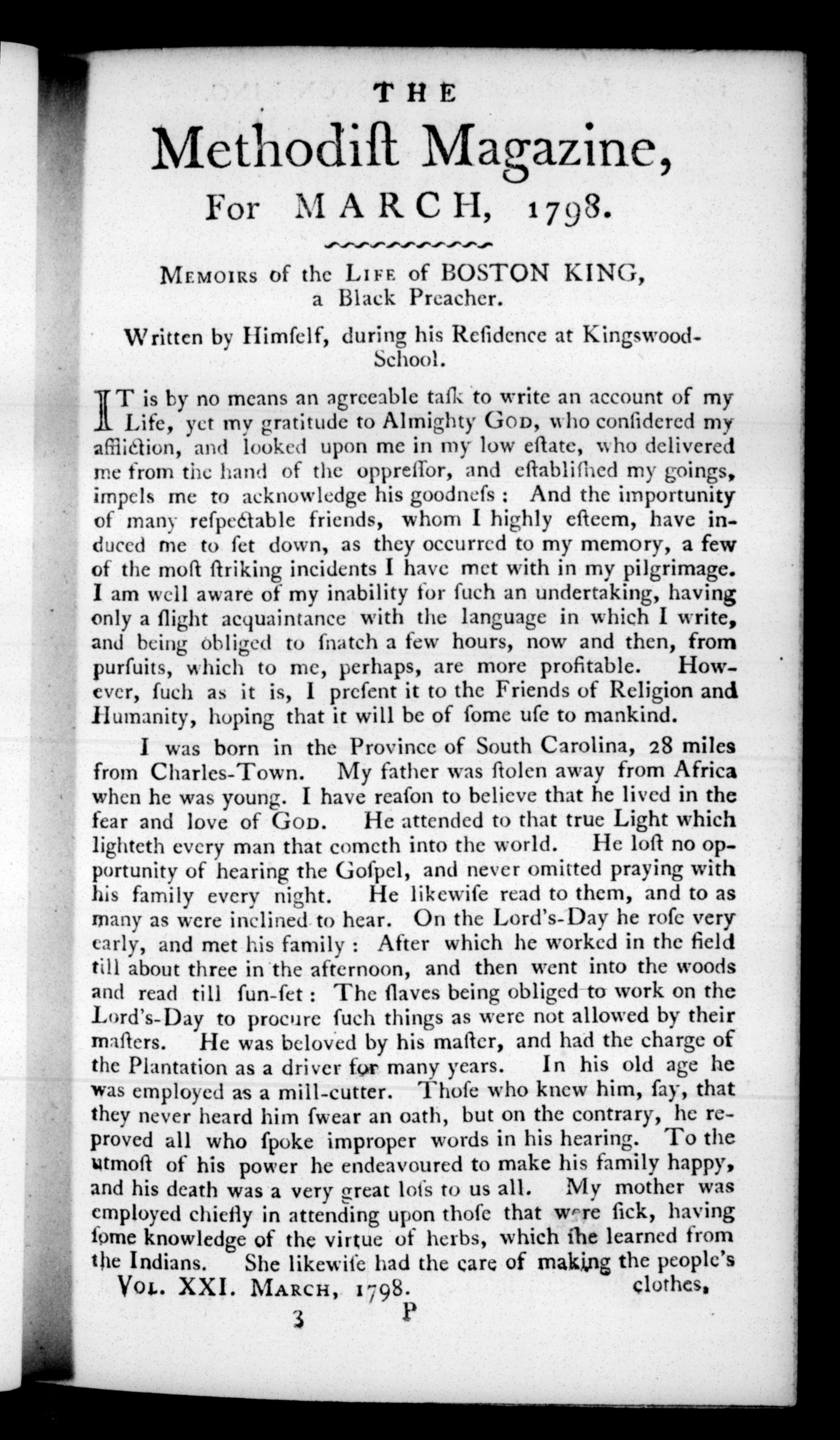 Memoirs of the Life of Boston King, a Black Preacher. Written by Himself, p. 105, March 1798