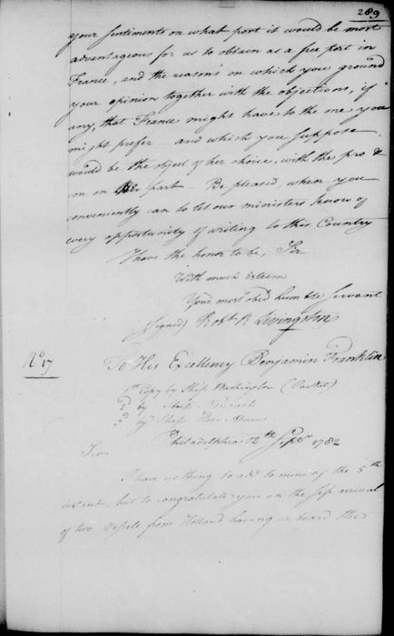 Livingston to Franklin, Nos. 16 to 19, No. 17, p. 289