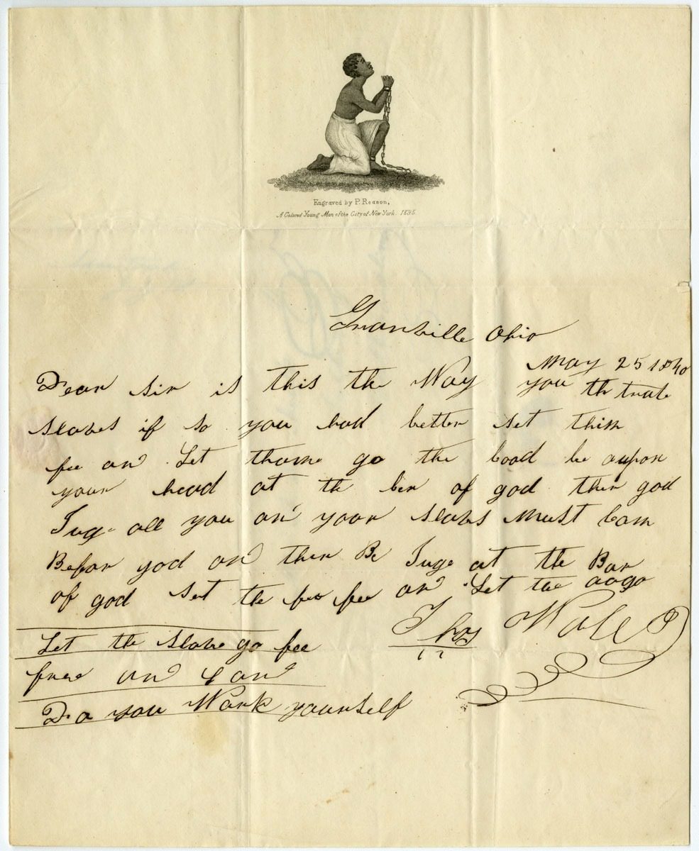 Am I Not a Woman and a Sister, engraved by Patrick Henry Reason, on a letter sent to South Carolina, Front: engraving and letter