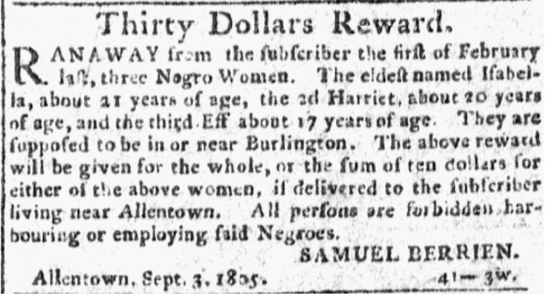 Printed newspaper advertisement headed Thirty Dollars Reward, signed Samuel Berrien