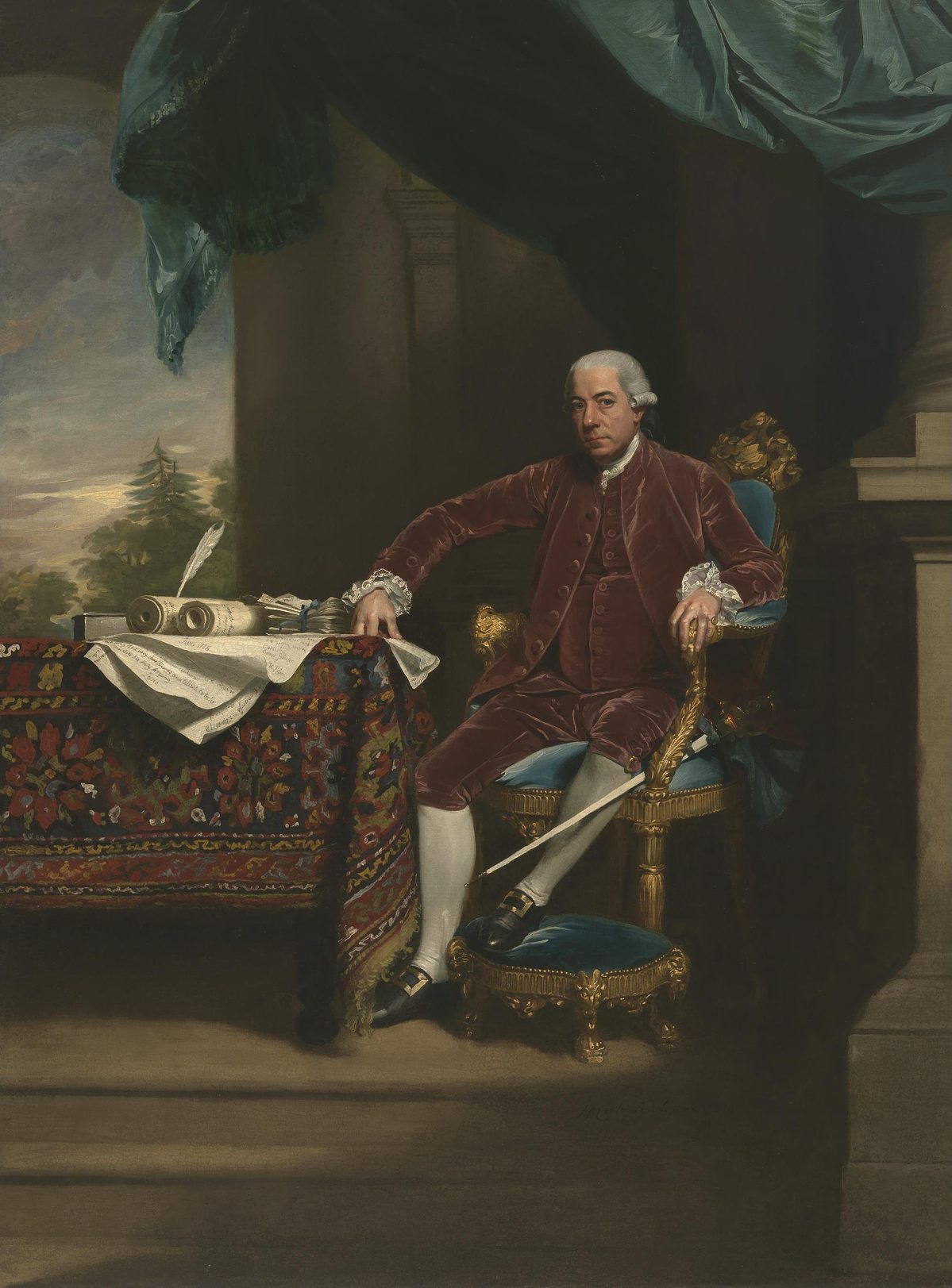 Oil portrait of Henry Laurens seated in a gilt chair beside a table of papers, in a plum velvet suit, a green curtain drawn above him