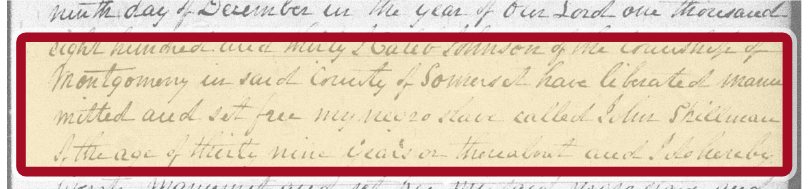 Handwritten deed of manumission, one line outlined