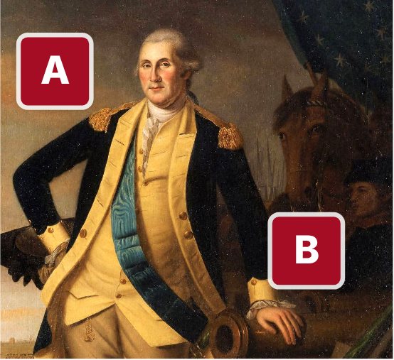 Detail of a painting of Washington with a Black man holding his horse, marked A and B