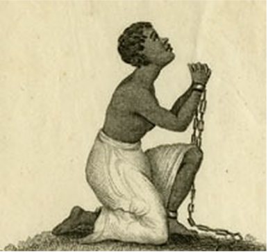 Engraving of a kneeling woman in chains, hands raised