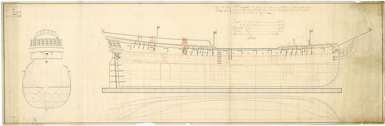 Admiralty draught of the Abondance, 1783: the lines and profile of the hull
