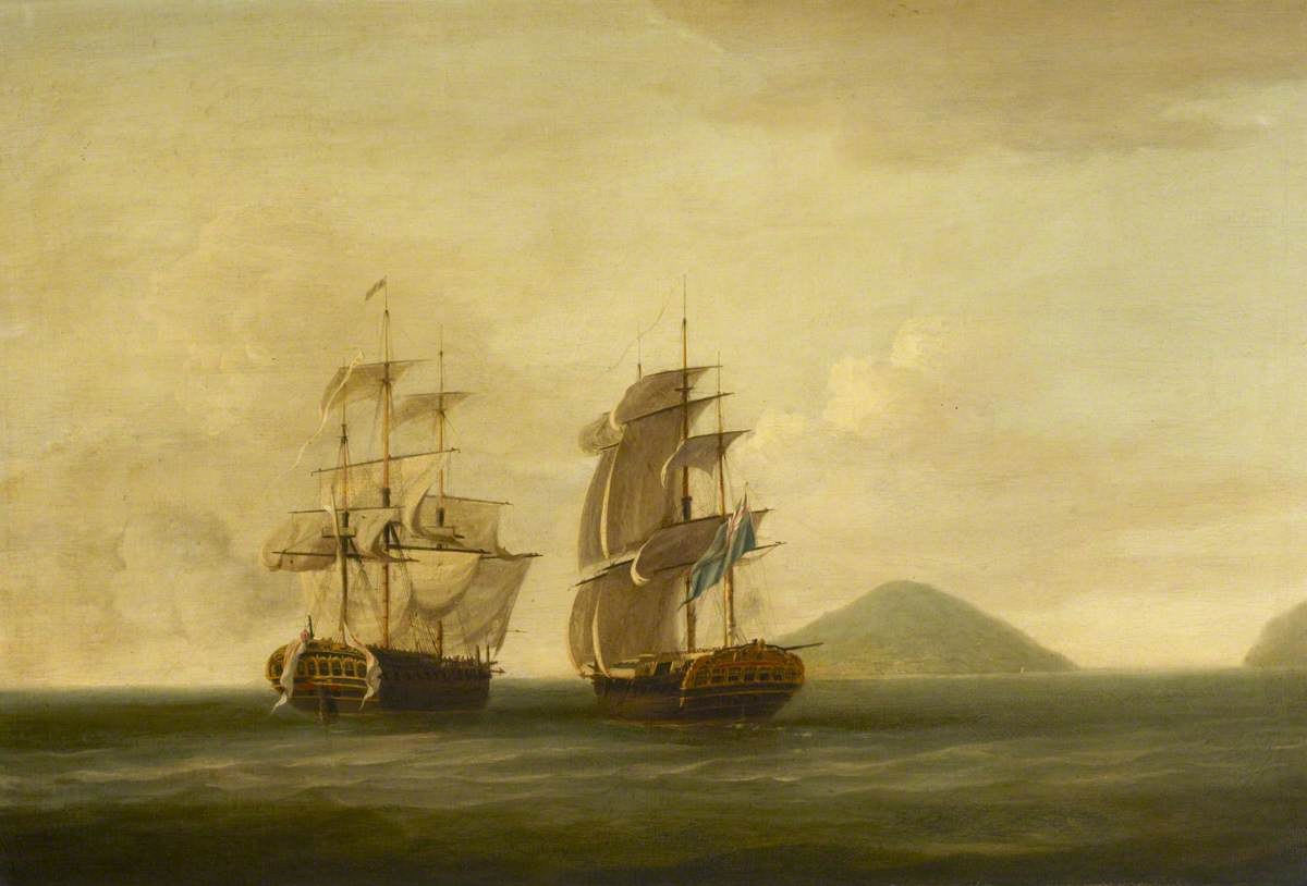 Painting: HMS Pearl capturing the French frigate Esperance off Bermuda, 1780, by Dominic Serres